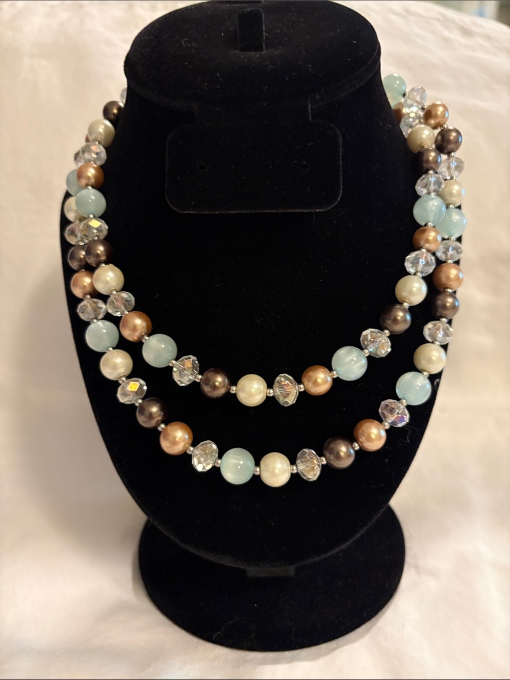 Aqua, Pearl & Bronze Double -Strand Beaded Necklace